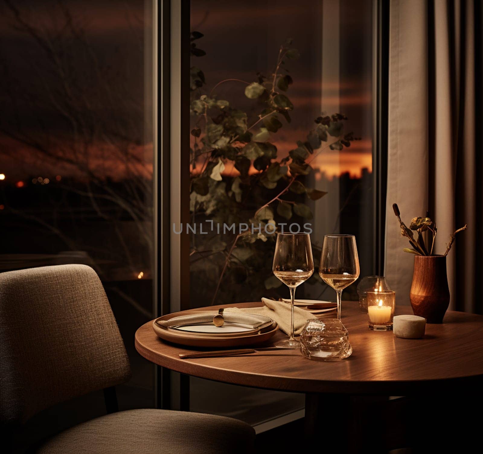 close up wineglass and light on restaurant table. Blur door and evening city background by Andelov13
