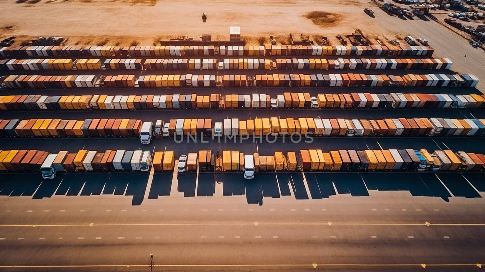 Top view aerial photo of stack of freight containers in rows at the shipyard. Big harbor with anchored track vehicles. Global Logistics Shipping industry. Export and Import transportation services . High quality photo