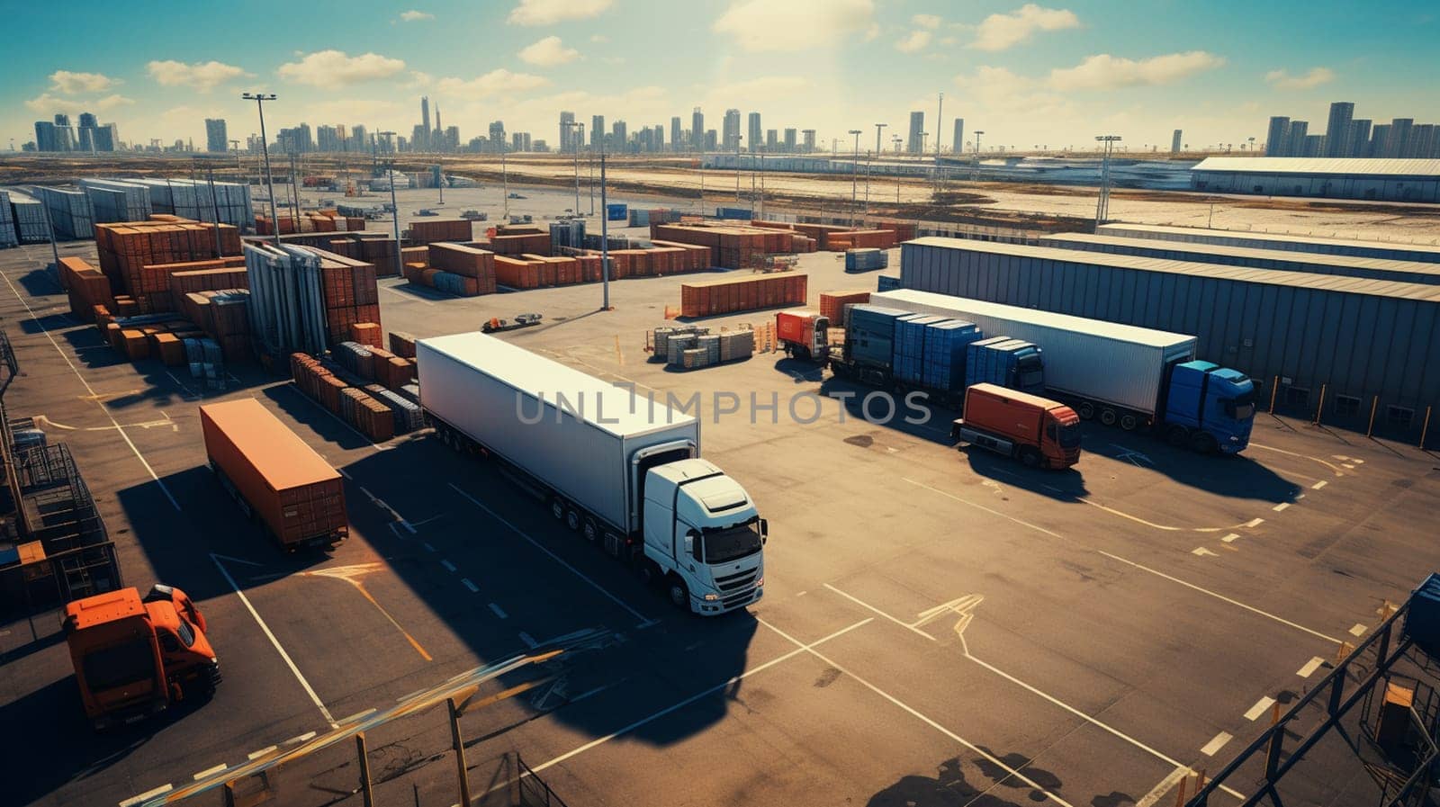 Logistics park with warehouse, loading hub and many semi trucks with cargo trailers standing at the ramps for load unload goods at sunset. by Andelov13