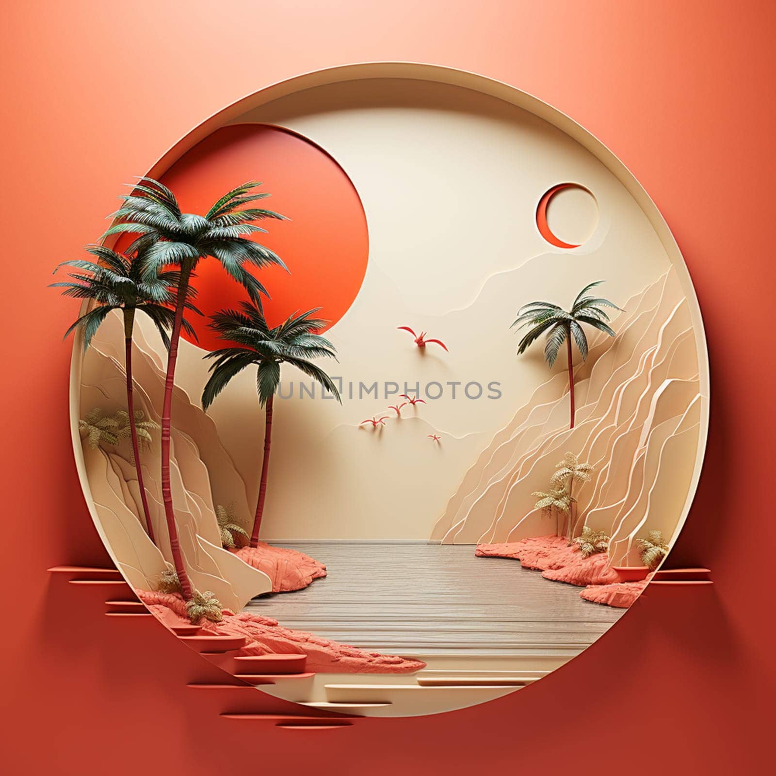3d background with a pedestal. Round frame made of gold with flowers. Minimalistic realistic image of an empty podium for displaying cosmetic products. 3D illustration. by Andelov13