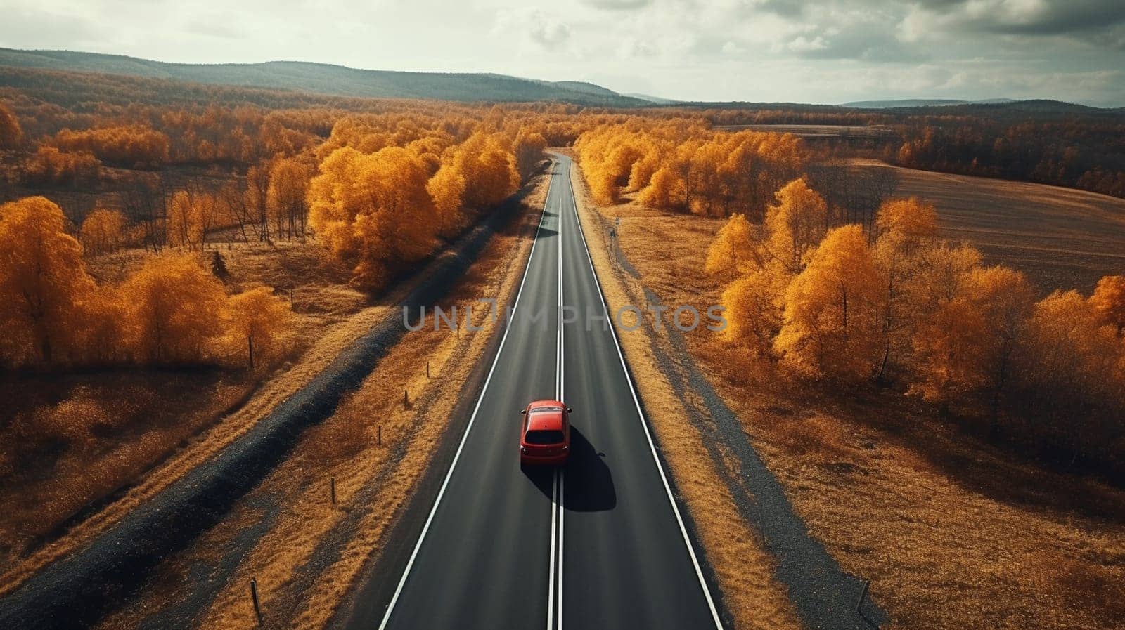 Top view car in autumn road 3d rendering