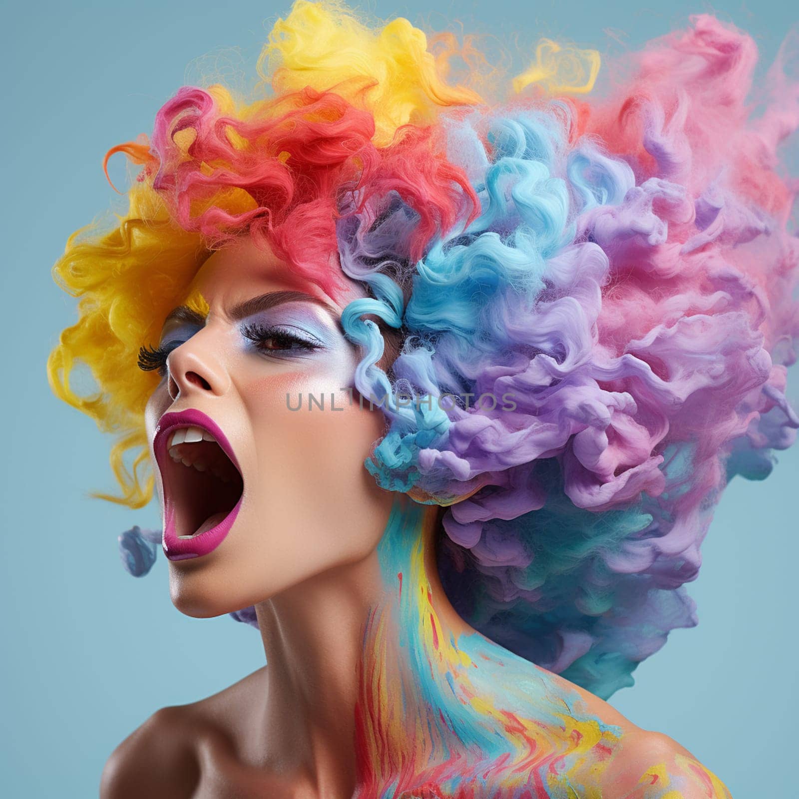 Woman in clown's wig making facing sticking out her tongue. High quality photo
