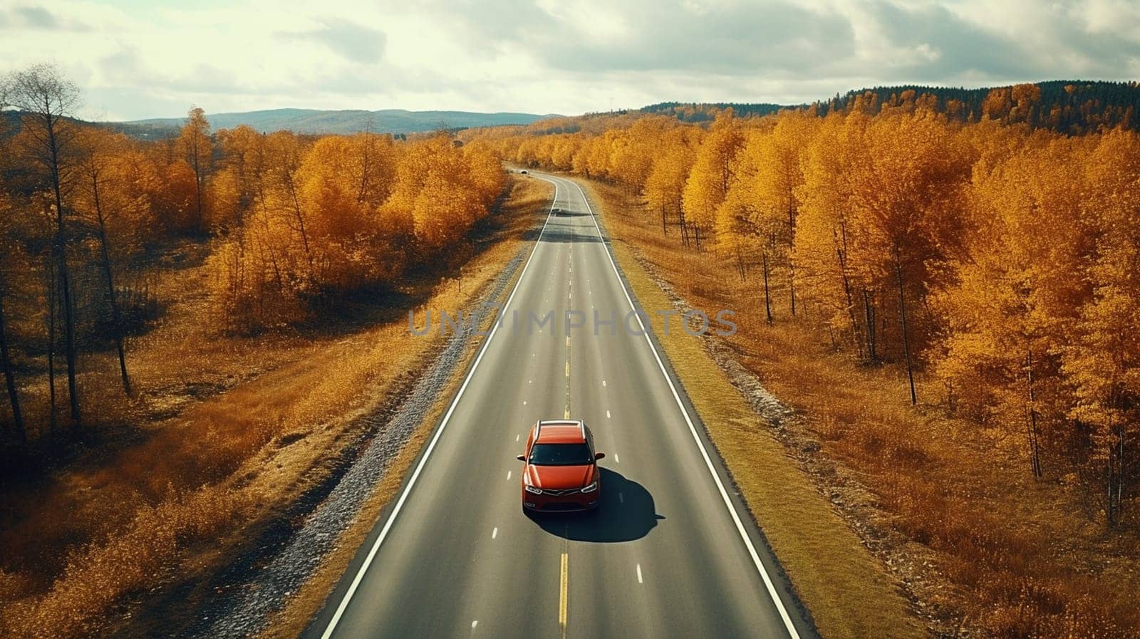 road highway autumn forest. the car is driving on the road. High quality photo