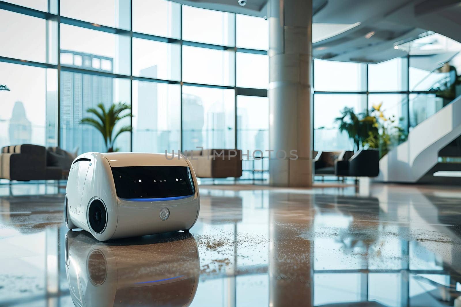 Futuristic robot washing machine is washing office floor in background of modern business office
