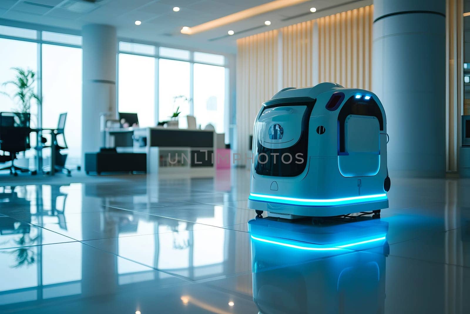 Futuristic robot washing machine is washing office floor in background of modern business office