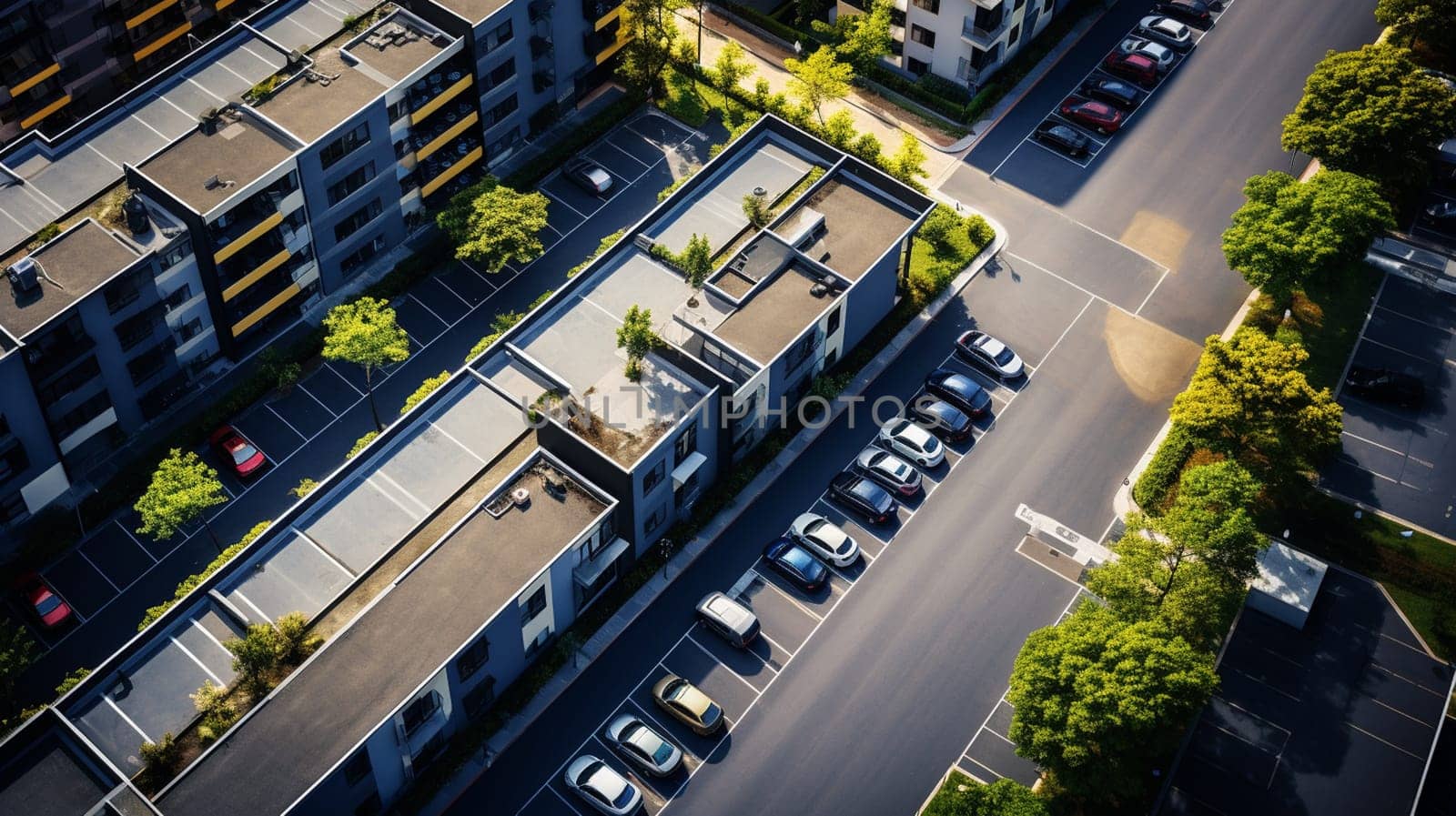 Aerial city view with crossroads and roads, houses, buildings, parks and parking lots, bridges. Helicopter drone shot. Wide Panoramic image. by Andelov13