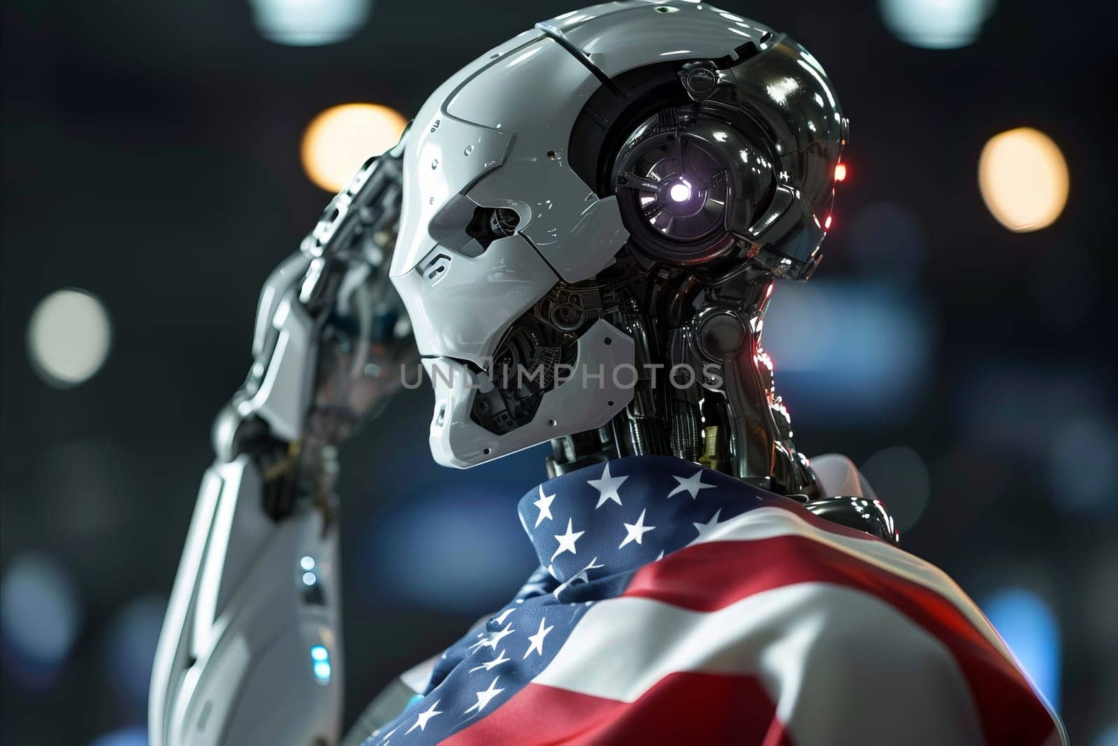 Photo of futuristic robot with artificial intelligence wrapped in the American flag salutes. Concept of new technology, patriotism, or futuristic soldiers.