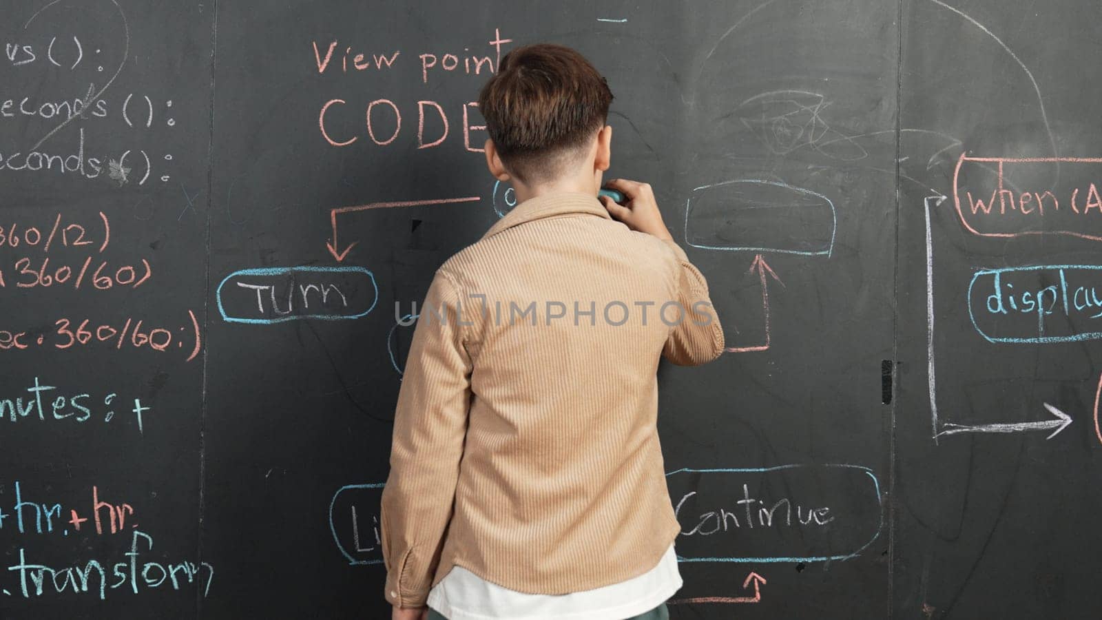 Back view of smart boy writing engineering prompt on blackboard. Attractive happy student planing a project by using coding and programing system in STEM technology classroom. Closeup. Erudition.
