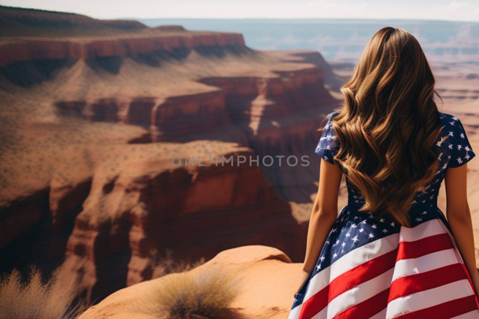 A woman in a dress with an American flag on the edge of a canyon at sunset. US Independence Day. by Ekaterina34