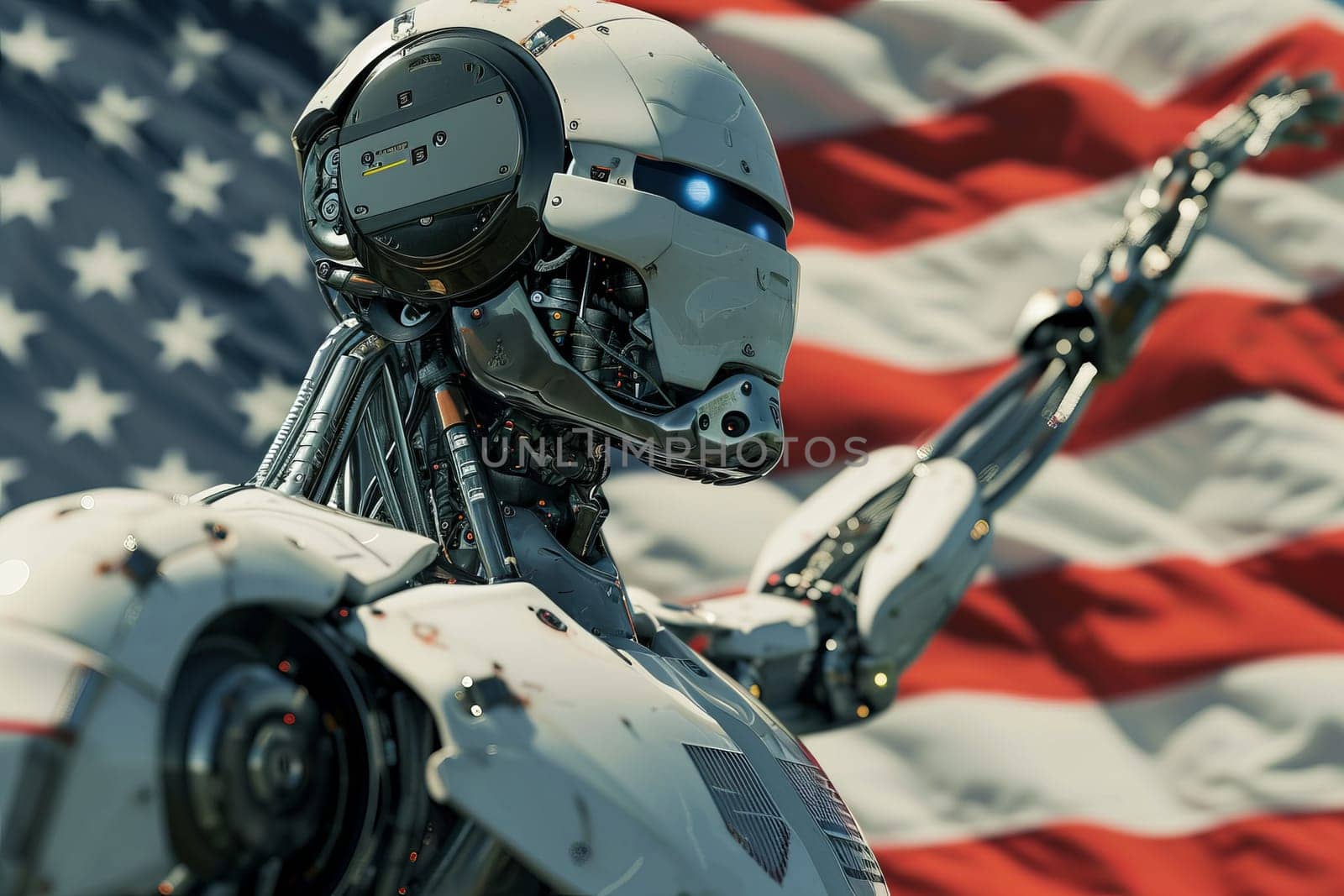Photo of futuristic robot with artificial intelligence wrapped in the American flag salutes. Concept of new technology, patriotism, or futuristic soldiers.