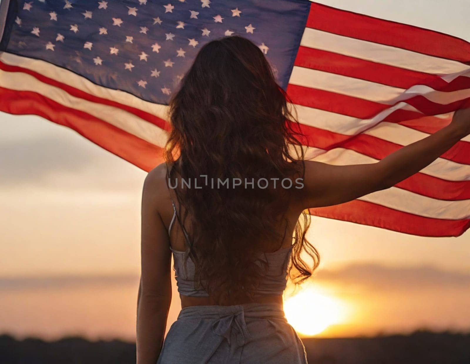 Rear view of young woman with long hair holding USA flag enjoying sunset in nature.