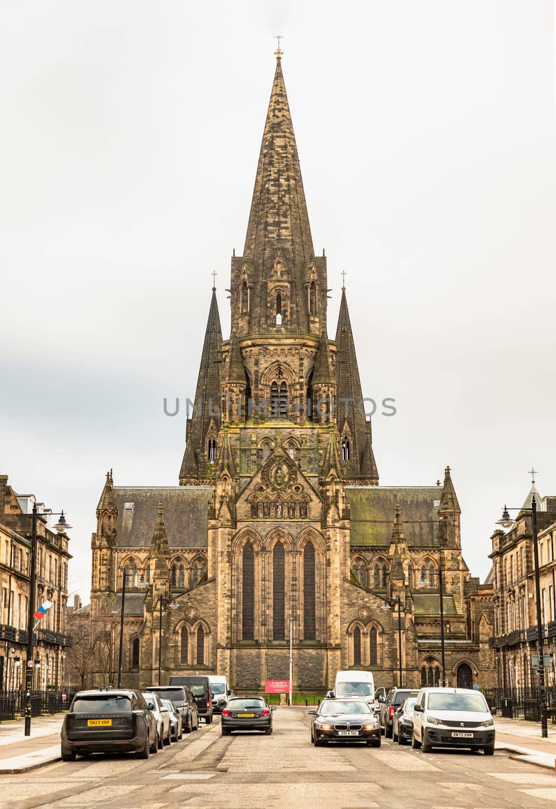 Edinburgh, Scotland - Jan 16, 2024 - Facade of St Mary's Episcopal Cathedral or the Cathedral Church of Saint Mary the Virgin. is a cathedral of the Scottish Episcopal Church in Edinburgh, Space for text, Selective focus.