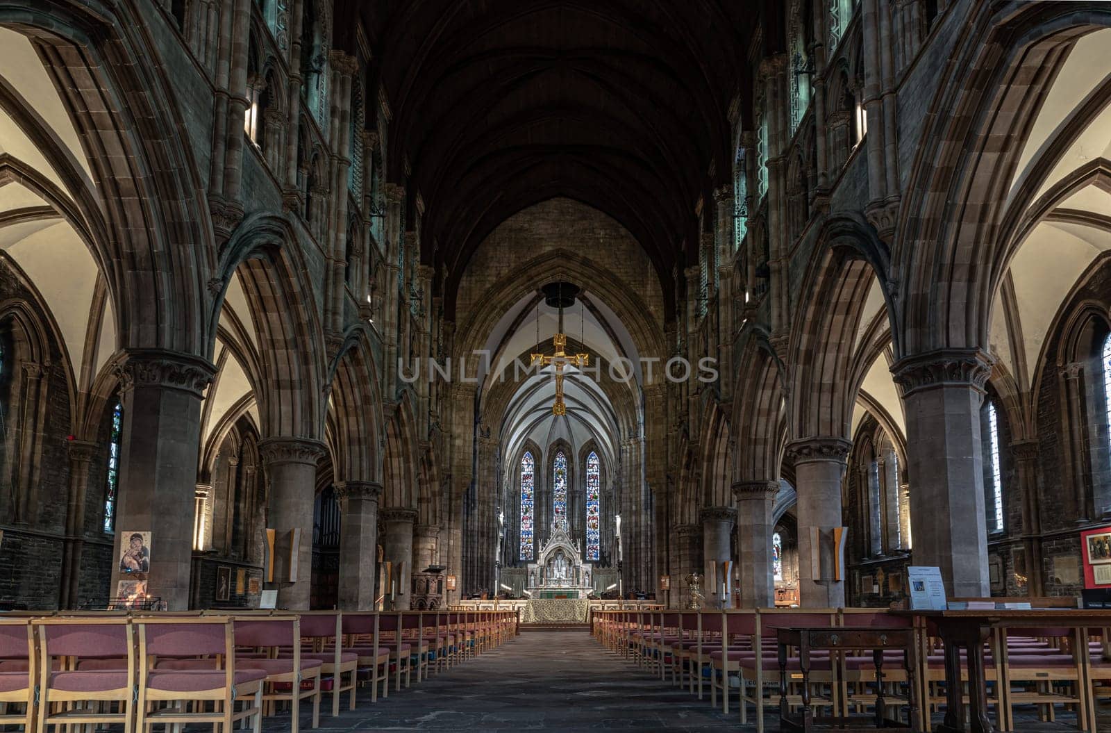 Edinburgh, Scotland - Jan 16, 2024 - Interior view of St Mary's Episcopal Cathedral or the Cathedral Church of Saint Mary the Virgin. is a cathedral of the Scottish Episcopal Church in Edinburgh, Space for text, Selective focus.