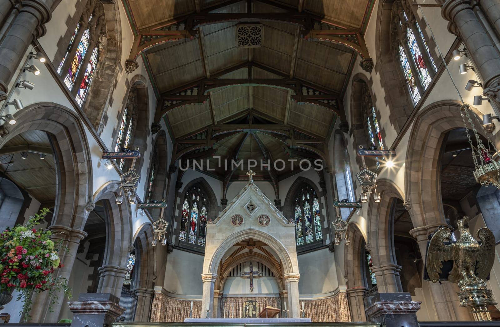 Edinburgh, Scotland - Jan 18, 2024 - Interior view of St Mary's Catholic Cathedral. The Metropolitan Cathedral of Our Lady of the Assumption, is a Roman Catholic church of the Edinburgh city, Space for text, Selective focus.