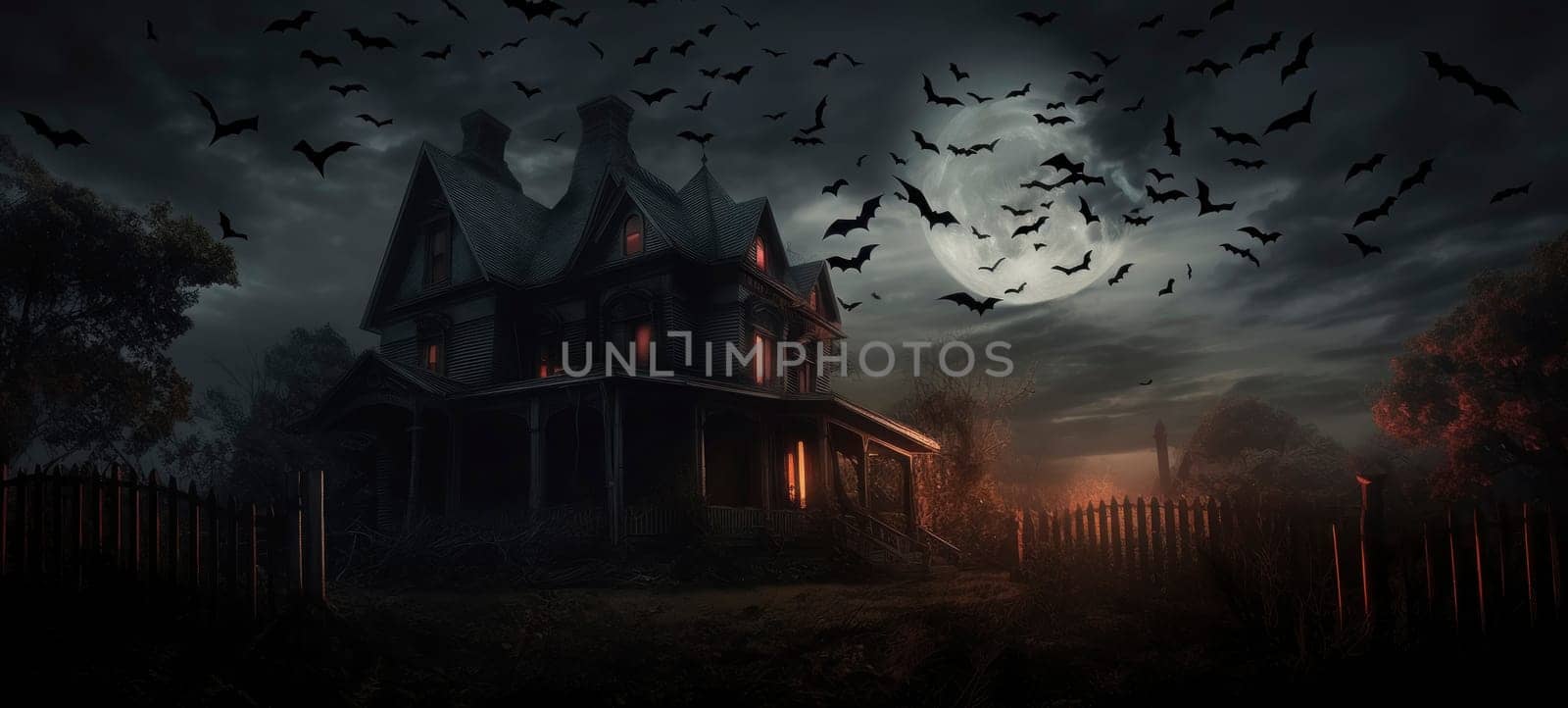 Bats swarm over a desolate house against a moonlit sky