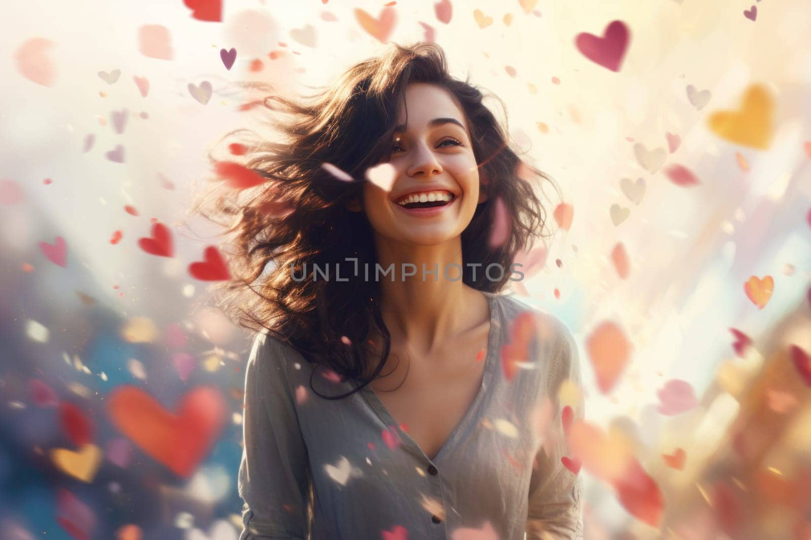 Happy smiling young woman standing under falling confetti, atmosphere of celebration, joy and fun