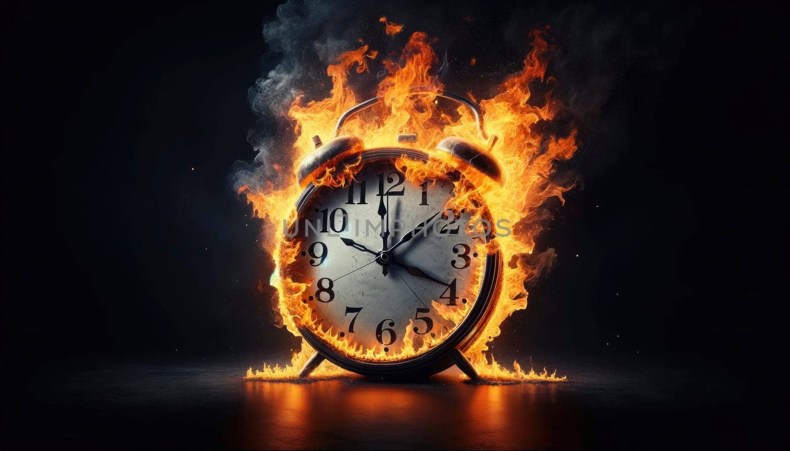 Clock face engulfed in flames, depicting the transient essence of time