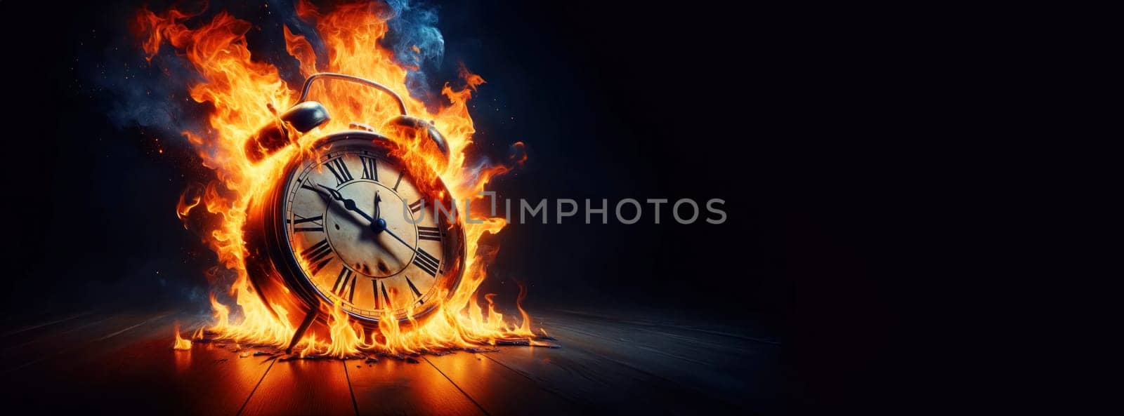 A clock dial ablaze, symbolizing time's ephemeral essence