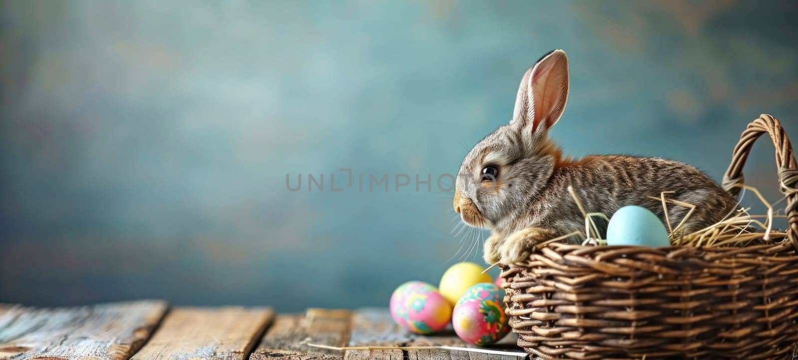 A charming bunny in a straw-filled basket with pastel-colored Easter eggs