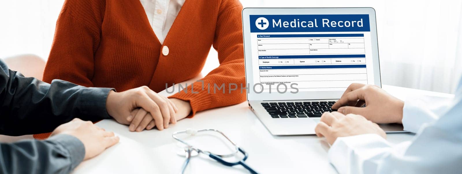 Couple attend fertility or medical consultation with gynecologist at hospital as family planning care for pregnancy. Husband and wife consoling each other through doctor appointment. Panorama Rigid