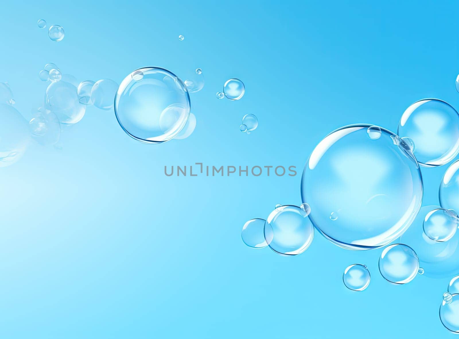 Soaring bubbles on blue background. Abstract soap bubbles floating background. Generated AI