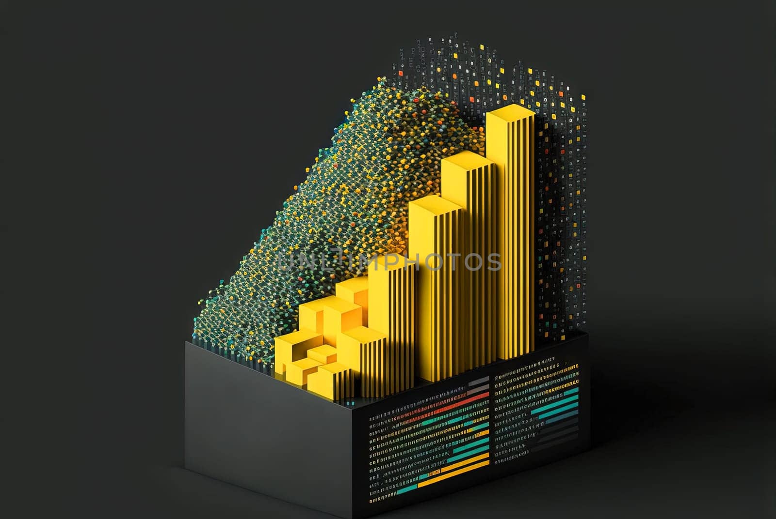 Abstract data graph concept with data clusters and particles. Digital sorting and management concept for business and finance. Generated AI