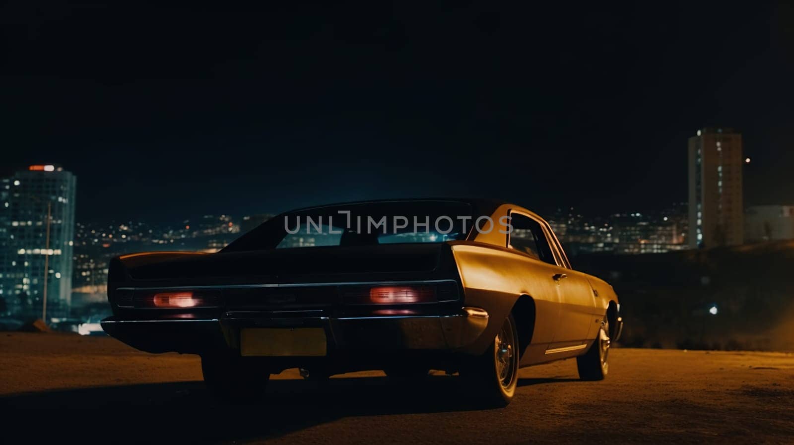 Vintage muscle car parked on the street at night. 80s styled synthwave retro scene with powerful drive in evening. Generated AI