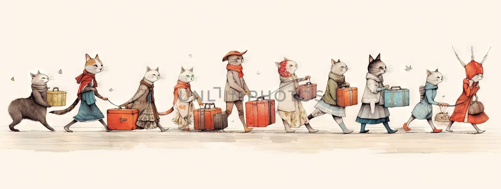 Cute cats family travelling with luggage. Watercolor styled kittens with suitcases. Generated AI
