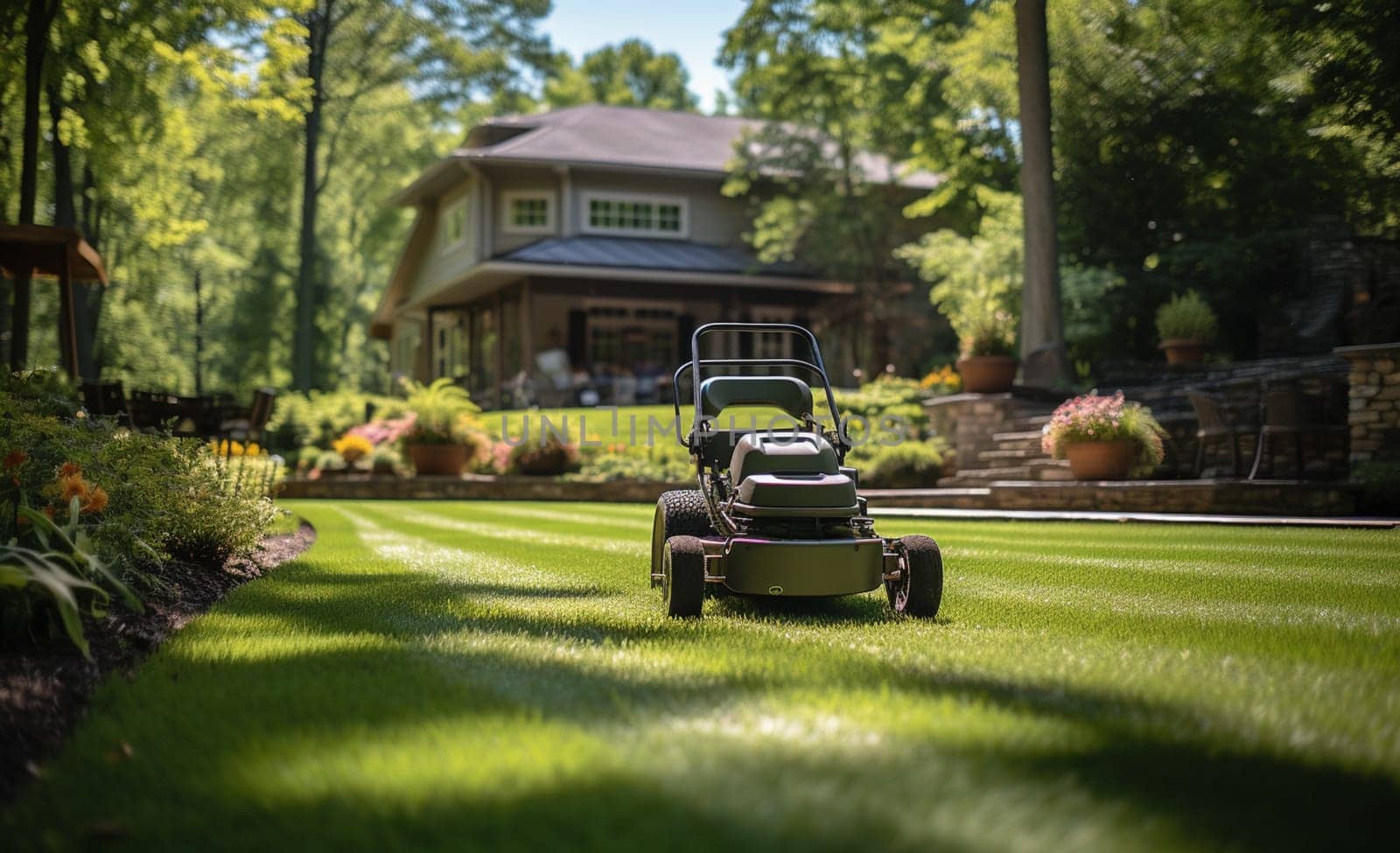 A lawn mower on a lush green lawn surrounded by flowers. The back yard of the house. High quality photo