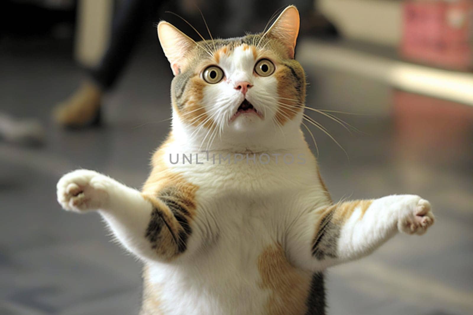 Funny surprised cat with a questioning pose. A cute kitten asks in surprise where the treats are. Generated AI