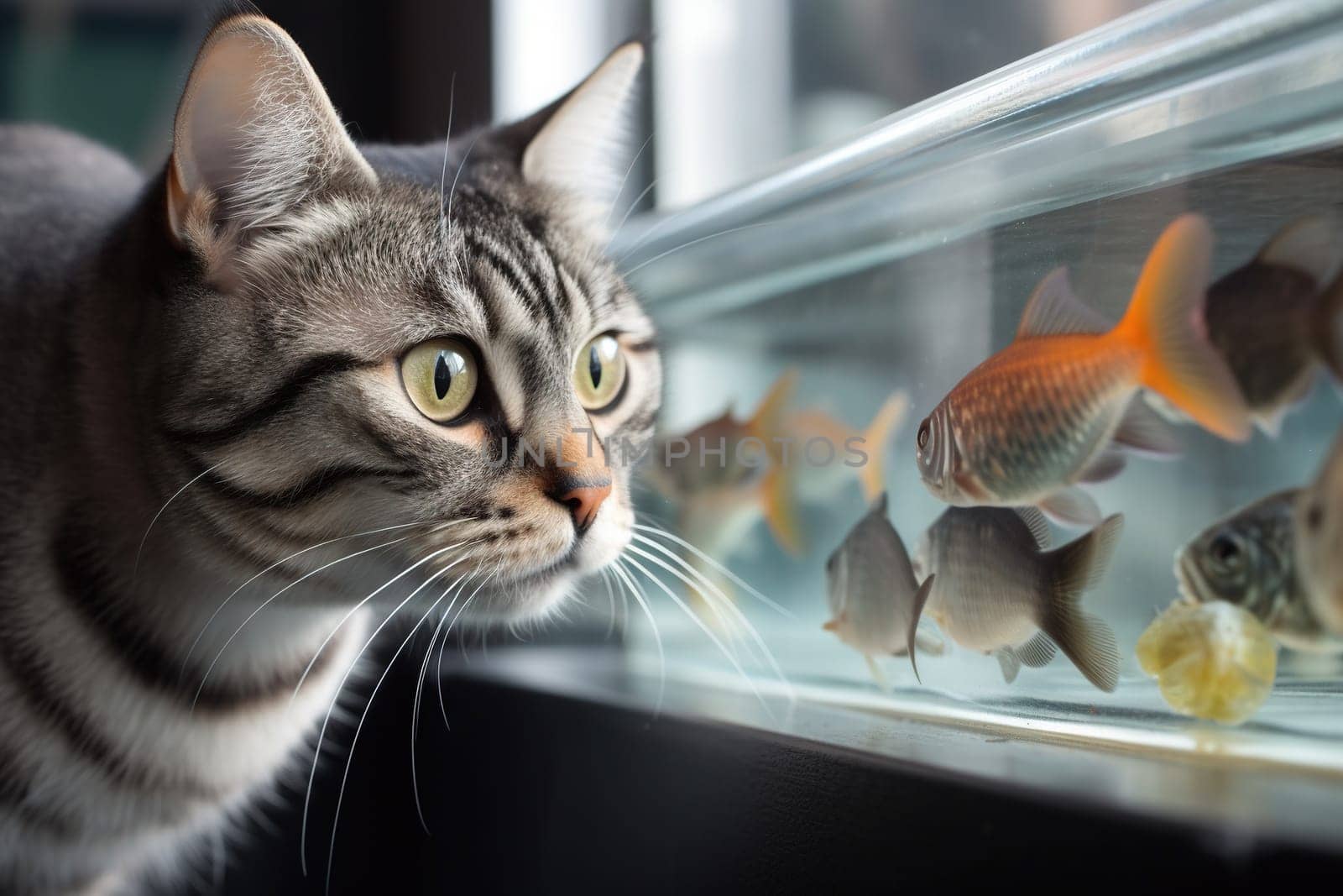 Cute cat watching the fish. Funny kitten sniffing the fish. Generated AI
