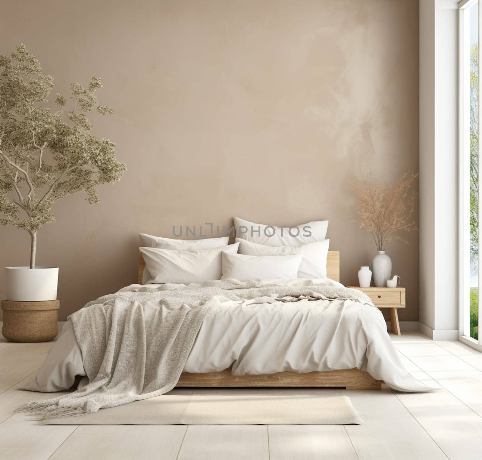 Minimal japenese bedroom interior. Bed with blanket and pillows, carpet on hardwood floor. Mockup empty white wall side view. 3d rendering. High quality 3d illustration. 3D Illustration