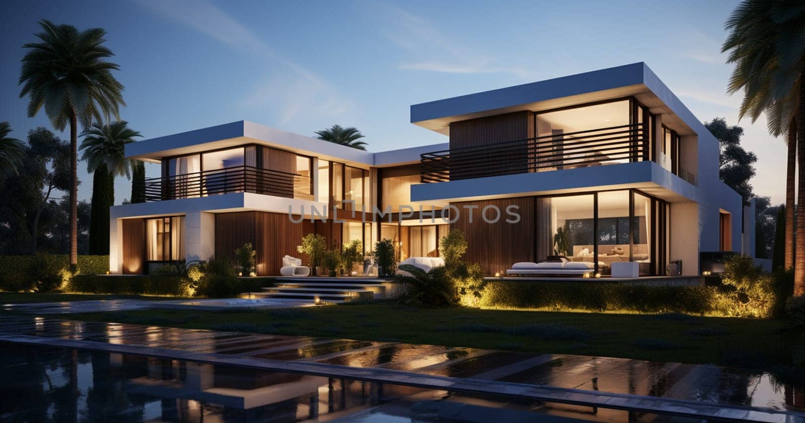 modern villa in green land 3D render. High quality photo