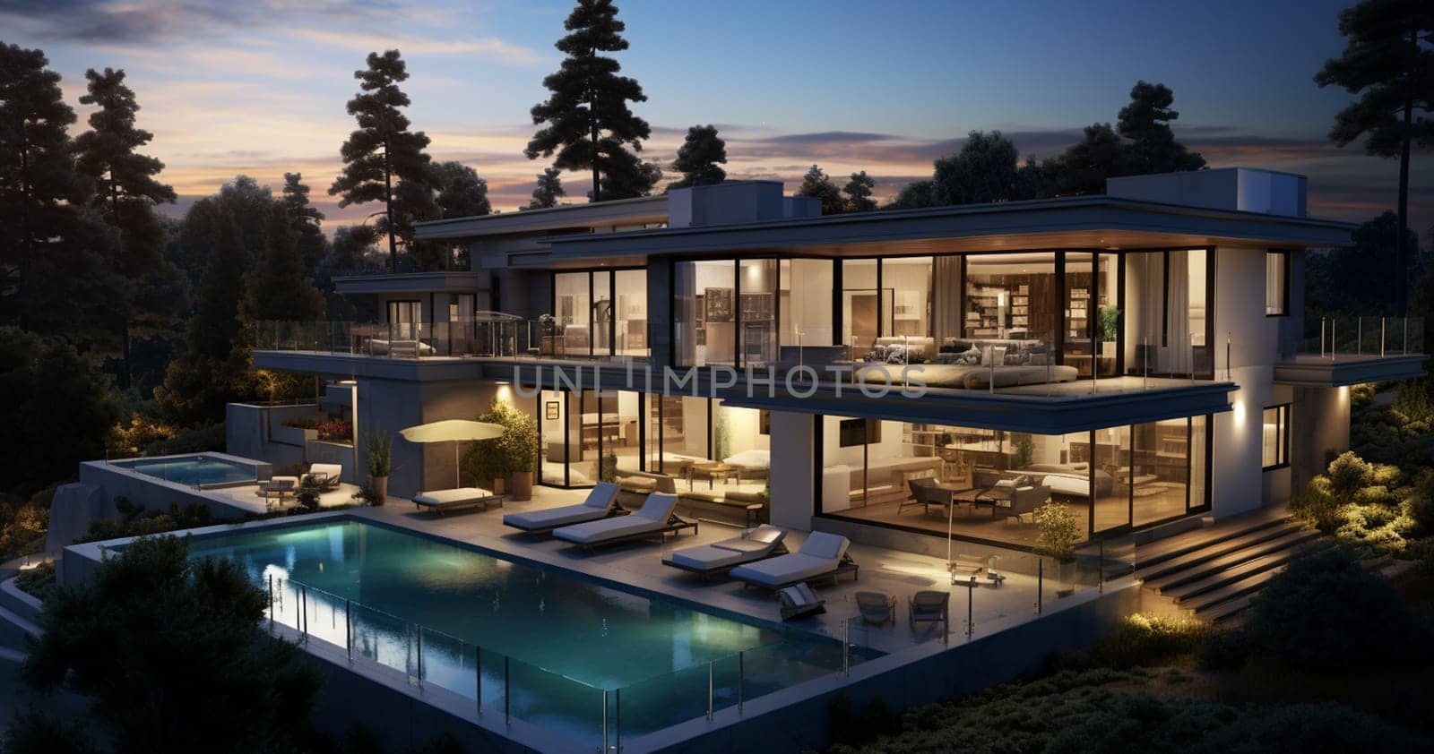 Modern house exterior design at night with swimming pool 3D Rendering, 3D Illustration. High quality photo