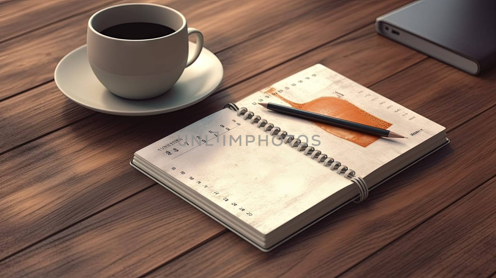 Cup of coffee and notepad with pen composition, top view. Generated AI. by SwillKch