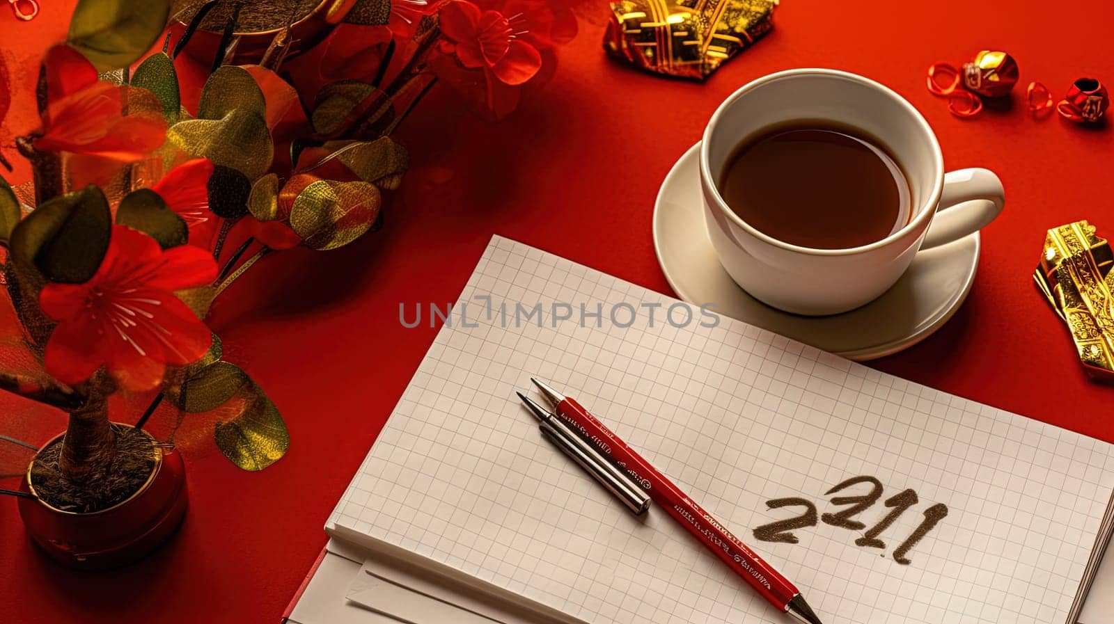 Cup of coffee and notepad with pen composition, top view. Generated AI. by SwillKch