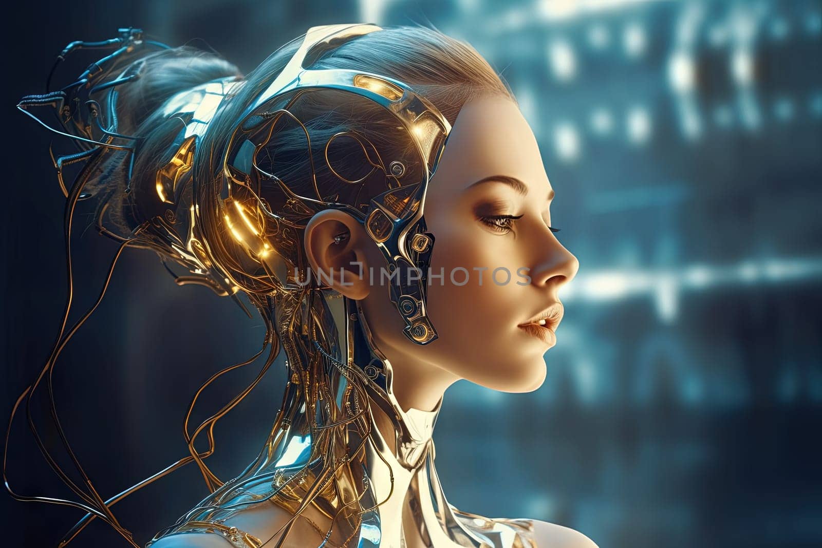 Cyborg or digitally improved human. Artificial intelligence and technology concept with advanced woman. Generated AI. by SwillKch