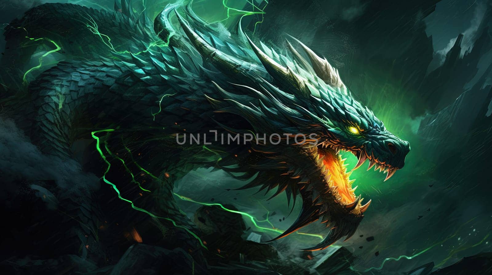 Green dragon, mysterious monster from farytales and symbol of 2024 lunar year in Chinese calendar. Generated AI