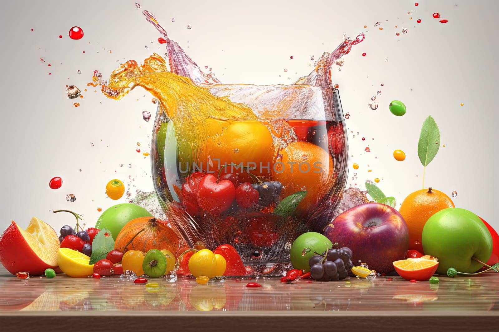 Glass of juice with fruits and berries on the table. Drink splash of sweet organic cocktail. Generated AI