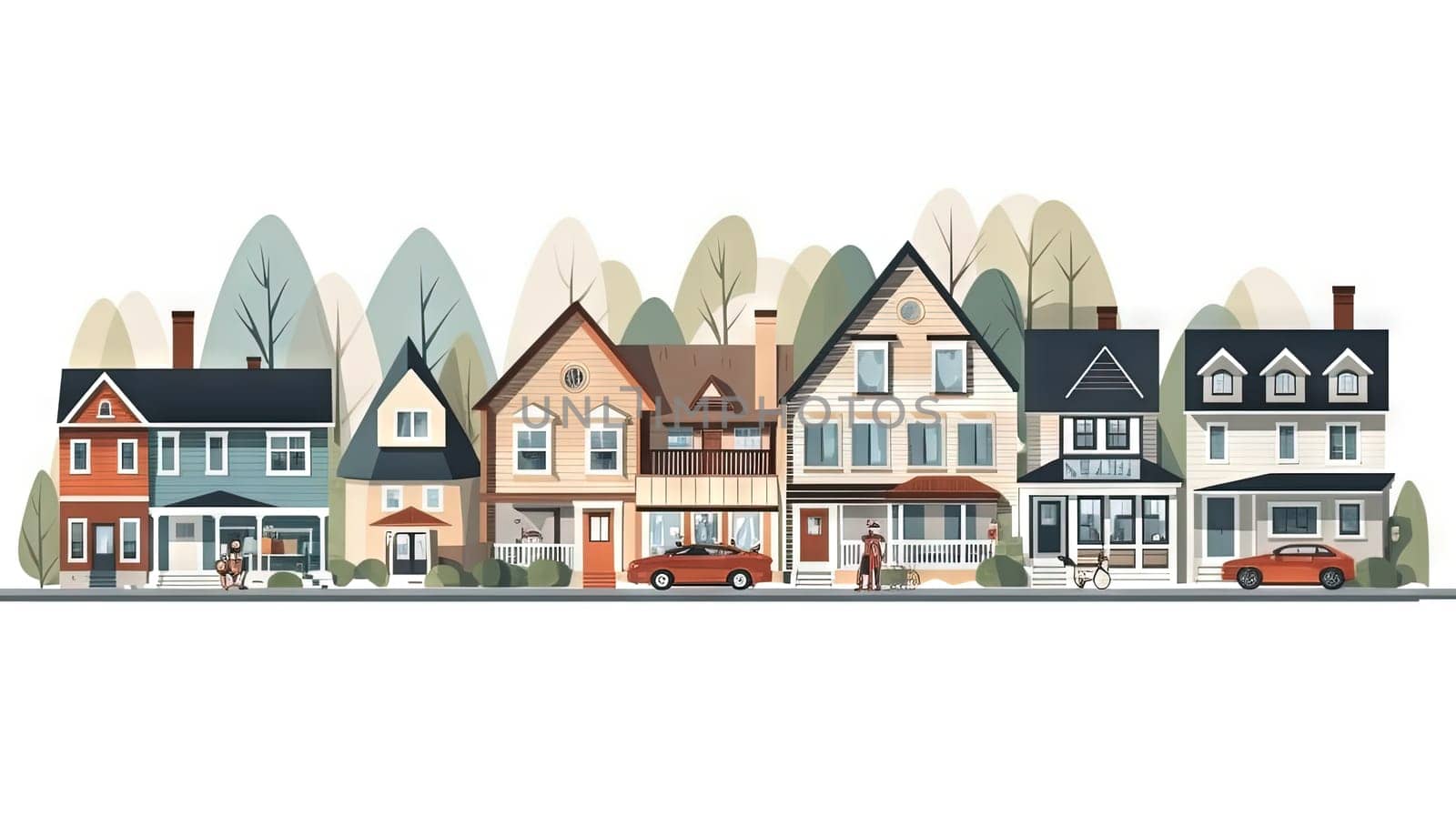 A street with cute residental houses in the neighborhood. Suburb architecture or village cottages. Generated AI