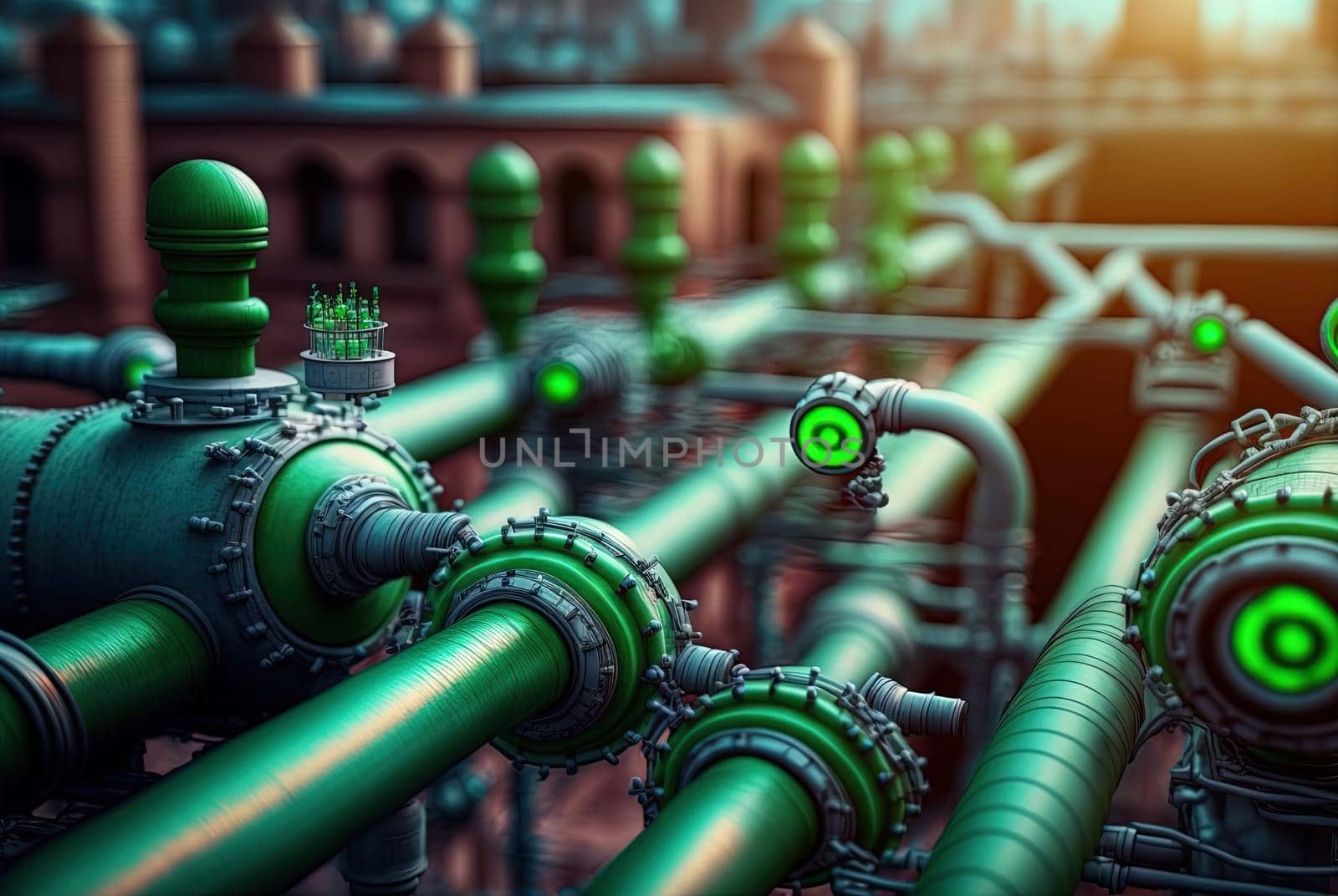 Background with shiny factory pipes. Industrial pipeline communications, technology abstract. Generated AI