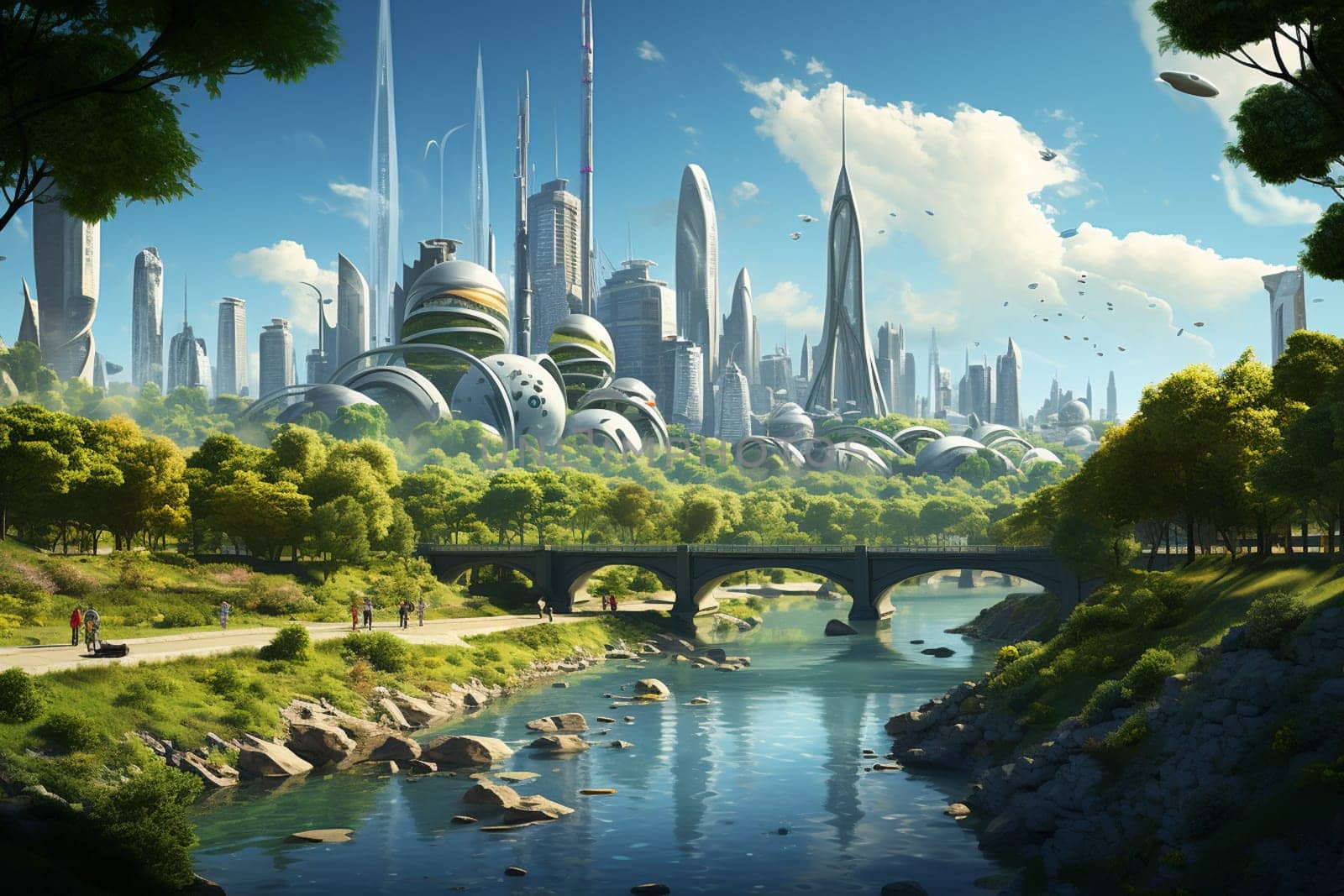 Panoramic view of futuristic morden city skyline. Clean energy with nature in urban environment. Day scene. Cinematic lightning, photo realistic rendering. by Andelov13