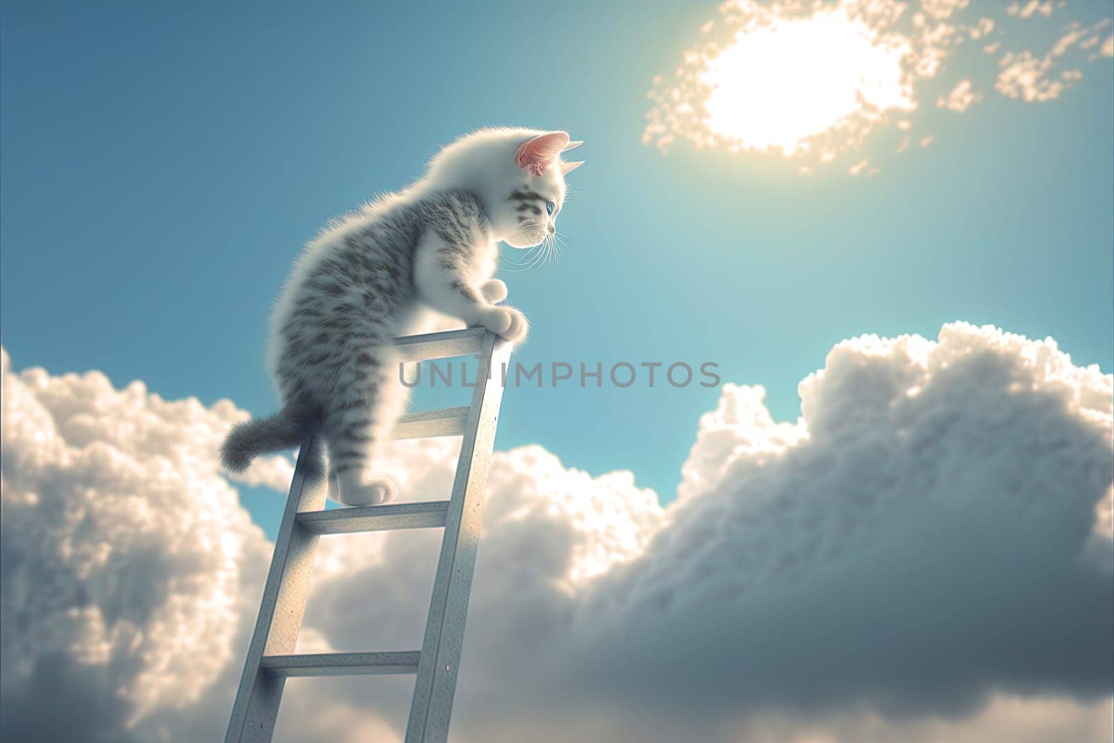 Curious kitten climbing the ladder to the sky with clouds. Cute tiny cat on the stairway. Generated AI