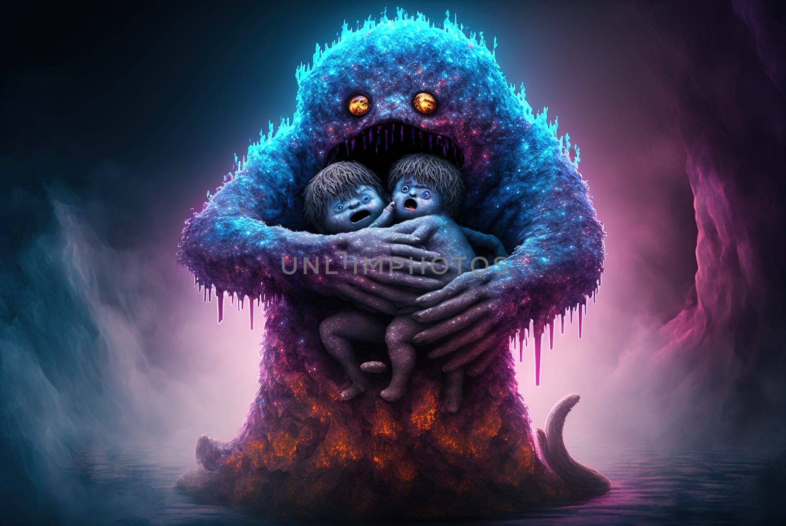 Monster hugging the child. Cute scene with mother monster love. Generated AI