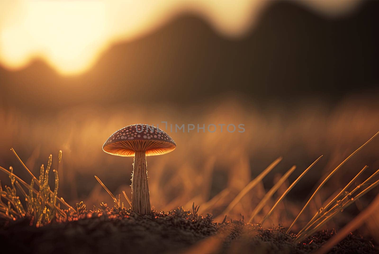 Mystery mushroom on the bump. Fairytale background with mystic mushroom. Generated AI