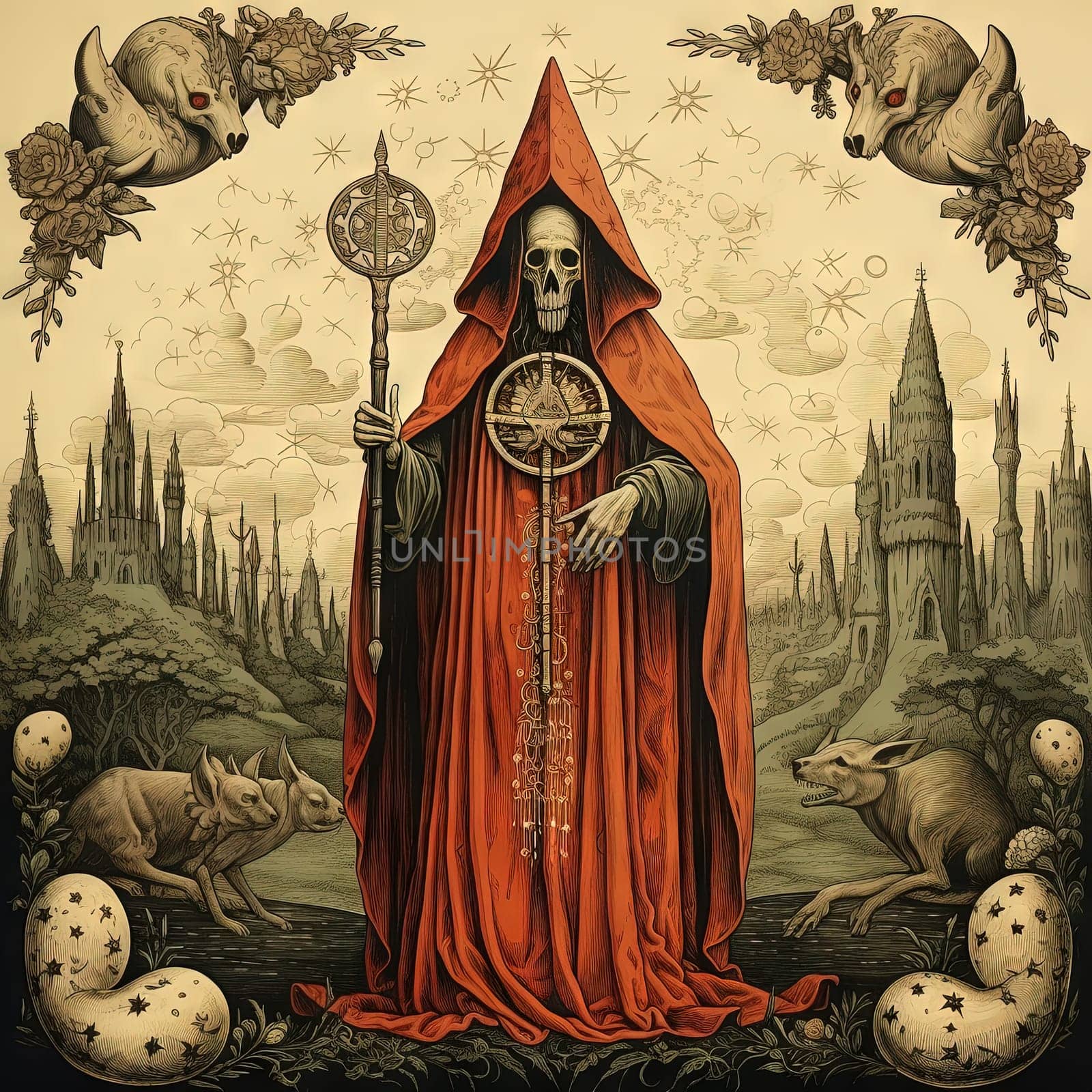 Medieval styled occult art with skeleton and monsters. Ancient icon or old book illustration with mystic religious scene. Generated AI