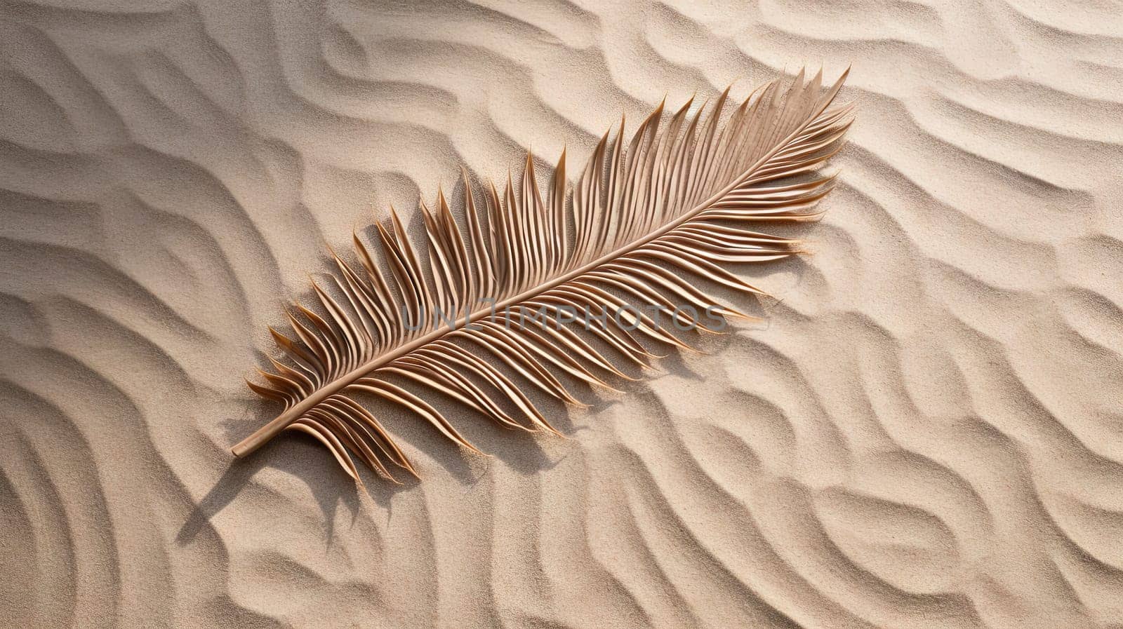 Plam leaf on the tropical beach sand. Vacation and relaxation concept with dry palm leaf on the hot summer beach. Generated AI. by SwillKch