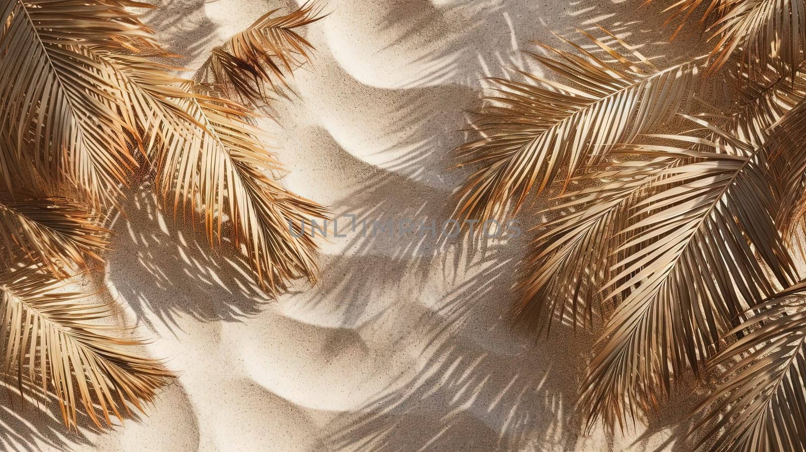 Plam leaves on the tropical beach sand background. Vacation and relaxation concept with dry palm leaves on the hot summer beach. Generated AI