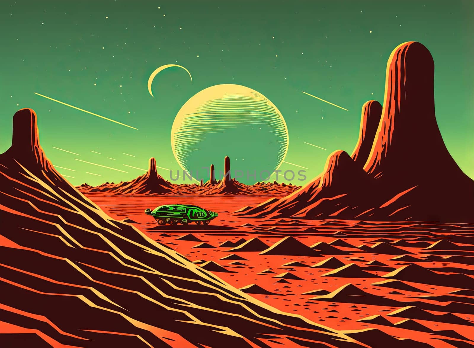 Retro styled sci-fi landscape with mountains. Retro futuristic science fiction illustration in drawing style with alien sun. Generated AI