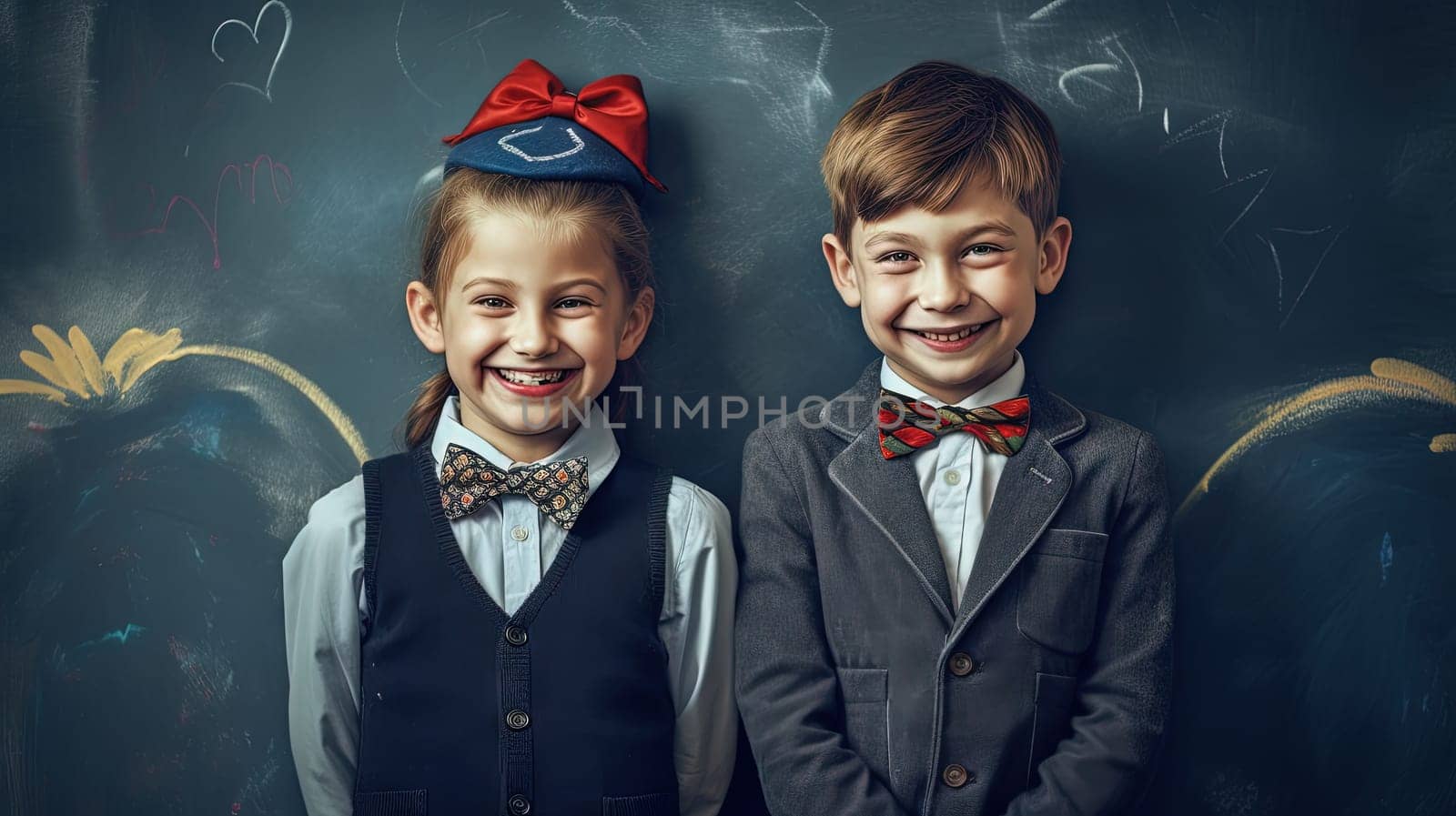 School pupil, boy and girl standing in front of black board. School children couple. Generated AI